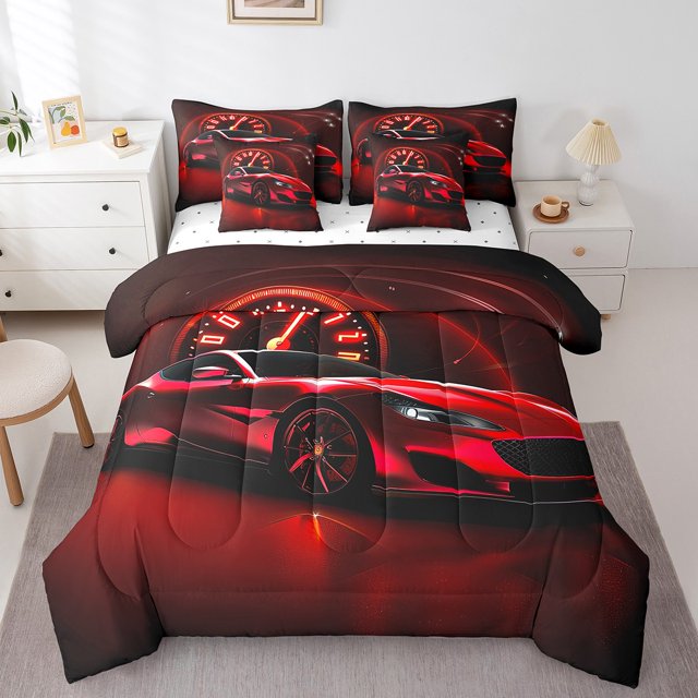 Ensemble de Literie Voiture de Sport Rouge « Bed in a Bag » Grand Lit, Ensemble Douillette 7 Pcs, Ensembles de Literie Voiture de Course Sport Extrême Vitesse Automobile Véhicules Compteur de Vitesse Ensemble de Draps avec Douillette