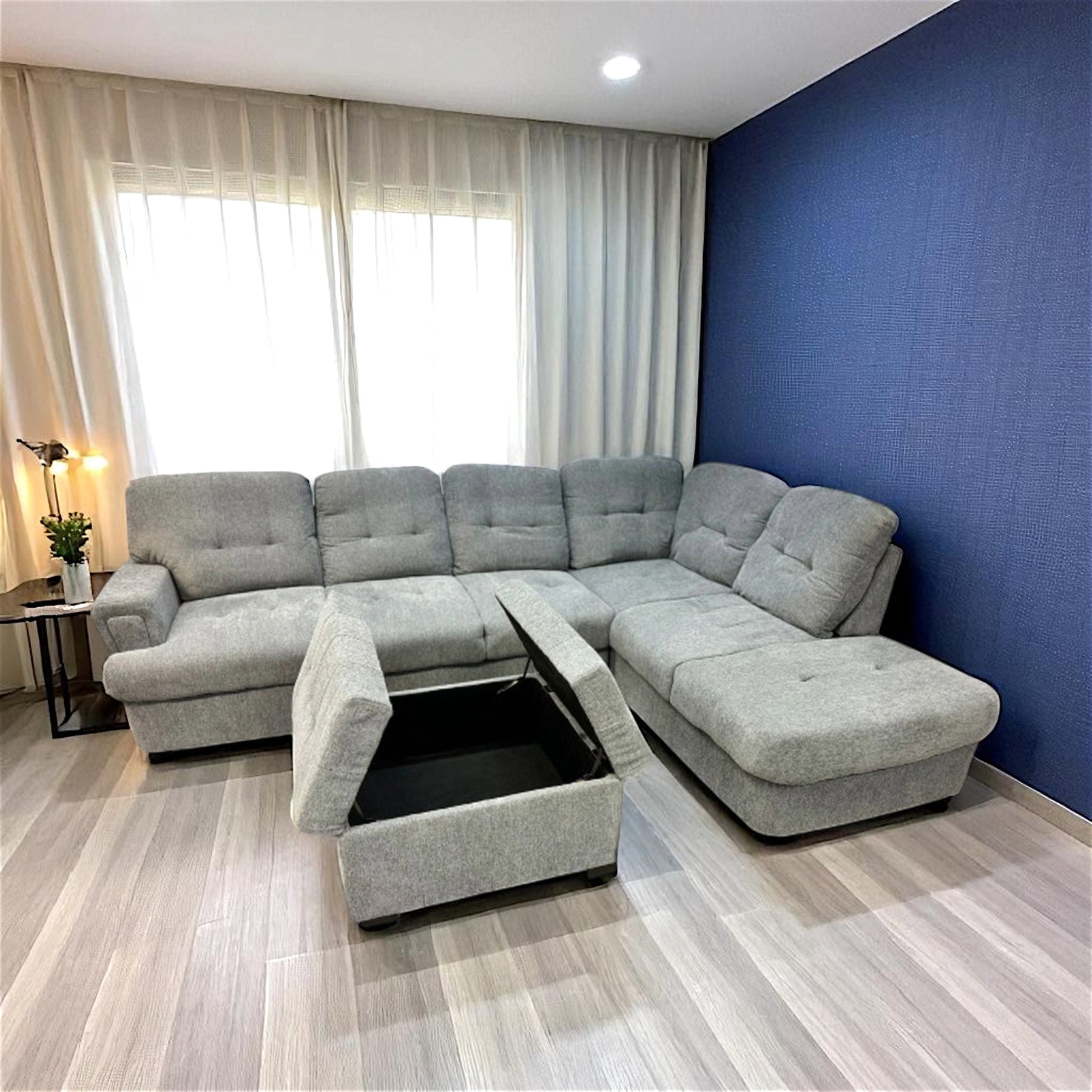 Cosmic Homes Bena Sectional Sofa Set with RHF Chaise & Storage Ottoman, Grey