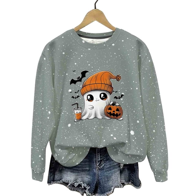 LMKIHUSA Chandails d'Halloween Fantôme pour Femmes Mode Décontractée Automne 2025 Chandail Kawaii Graphique Brillant Col Rond Chandail à Manches Longues Hauts Saison Effrayante Gris,TTTG
