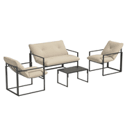 Outsunny 4 Piece Patio Furniture Set with Tempered Glass Table Sofa Beige