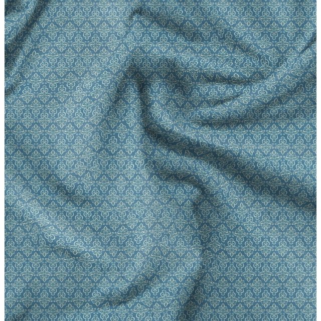 Soimoi Blue polyester Crepe Fabric Palmette Damask Print Sewing Fabric Yard 52 Inch Wide