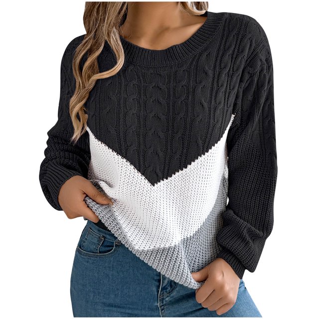 Pisexur Chandails pour Femmes Mode Chandail Tricoté à Blocs de Couleur Décontracté Ample à Manches Longues Chandails à Enfiler pour Femmes Tendance d'Automne Chandail à Col Rond