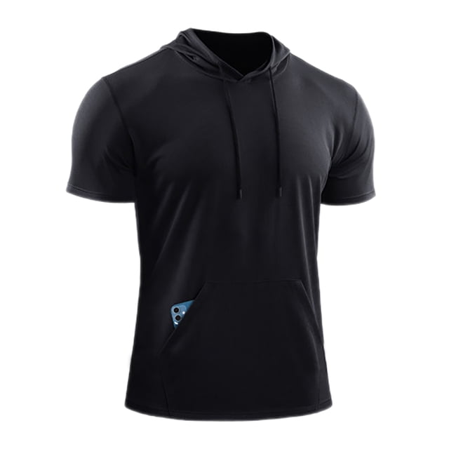 MAWCLOS Mens Summer Hooded T-Shirt in black, featuring a solid color design with a drawstring hood, short sleeves, and a front pocket. Made from 90% polyester and 10% spandex, this breathable and quick-drying athletic top is ideal for workouts, basketball, running, and other outdoor activities. The shirt is shown with a smartphone partially tucked into the front pocket.