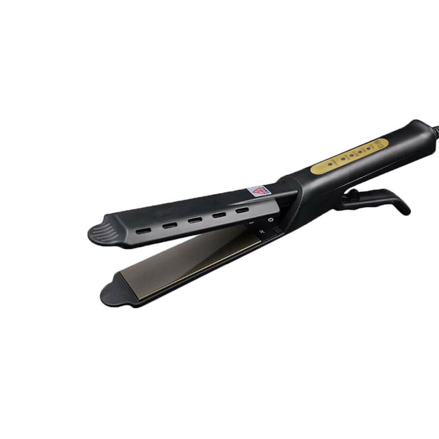 WIFKLSIIPG Ceramic Tourmaline Ionic Flat Iron Hair Straightener Professional Glider PLUG, a versatile hair styling tool with a black scissors handle design and venting holes for steam release. Features a 4.5x10cm nano ceramic heating panel, adjustable temperature settings from 160°C to 220°C, and a 2.5m cable for ease of use. Suitable for wet and dry hair styling.