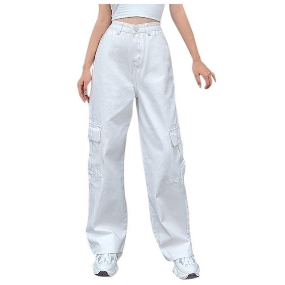 Ketyyh-chn99 Jeans pour Femme Pantalons Capris pour Dames Mode Amples Poches pour Dames Pantalon en Denim Délavé Blanc,G