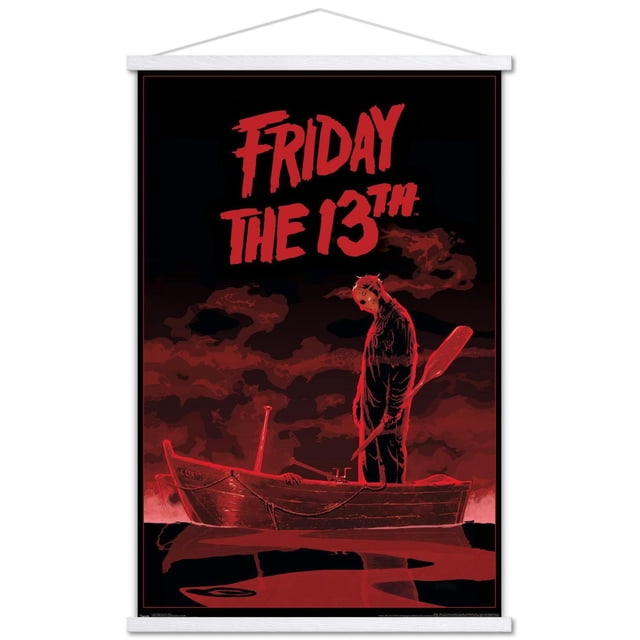 Friday The 13th - Boat Wall Poster, 22.375" x 34", depicts a red and black illustration of a masked figure standing in a wooden rowboat holding an oar with red clouds in the background, printed on glossy paper suitable for wall art and home décor.