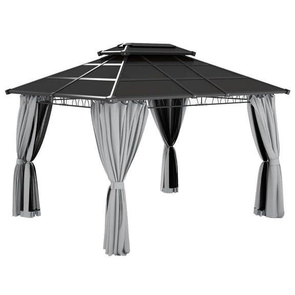 Outsunny 10' x 12' Double Roof Hardtop Gazebo with Nettings Curtains Grey