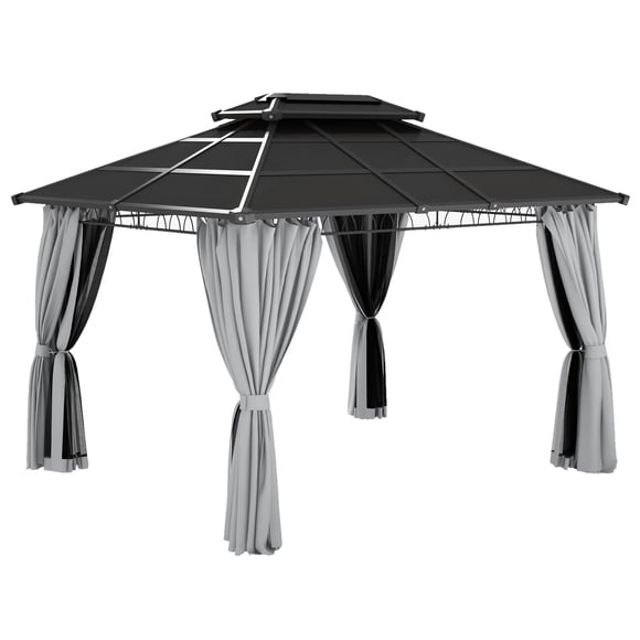 Outsunny 10' x 12' Double Roof Hardtop Gazebo with Nettings Curtains Grey