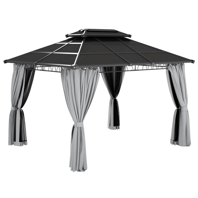 Outsunny Pavillon à Toit Rigide à Double Toit 10 Pieds x 12 Pieds avec Moustiquaires et Rideaux en Gris. Ce Pavillon Extérieur Présente un Toit Rigide en polycarbonate Noir, un Cadre en Aluminium Gris Foncé et en Métal, et des Rideaux en polyester Gris Pâle avec Moustiquaires pour l'Intimité et la protection contre les Insectes. le Toit à Double Évent Améliore la circulation de l'Air, l'Intérieur Spacieux Offre une Vaste Place pour les Rassemblements. Comprend Huit Piquets et des Vis d'Expansion pour la Stabilité. Convient aux Événements Extérieurs