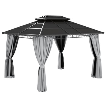 Outsunny 10' x 12' Double Roof Hardtop Gazebo with Nettings Curtains Grey