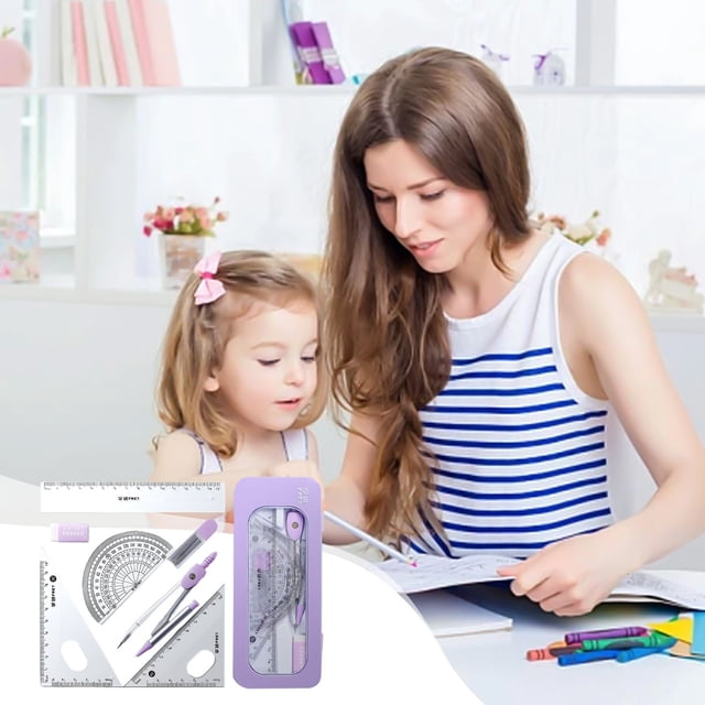 Ensemble de Kit de Mathématiques et Géométrie 7 Pcs Fournitures pour Étudiants avec Boîte de Rangement Incassable, Comprend Règles, Rapporteur, Boussole, Recharges de Plomb pour Crayon, Crayon, Gomme.pour Dessins d'Ingénierie.fournitures Scolaires