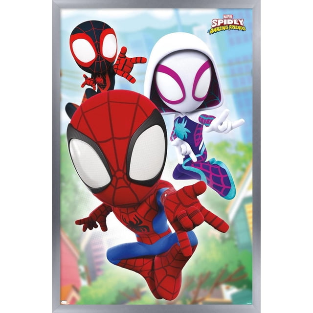 Marvel Spidey and His Amazing Friends - Affiche Murale en Toile Mettant en Vedette Trois Personnages Animés de Spider-Man en poses Dynamiques avec un Arrière-Plan de Ville Flou, Imprimée sur Papier d'Art photo Brillant dans un Cadre Argenté, Format 22,375 par 34 Pouces, Idéale pour l'Art Mural, les Chambres d'Enfants et la Déco de Fête.