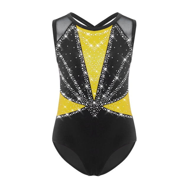 Linjinx Gym Leotards for Girls Ballet Dance Bodysuits Rhinestones Sleeveless Figure Skating Jumpsuit Yellow 8