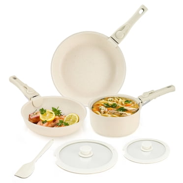 edx Ensemble de 12 Pcs de Batterie de Cuisine, Ensemble de Casseroles et Poêles Antiadhésives avec Poignée Détachable Multi-Fonction pour Cuisine Maison, Beige
