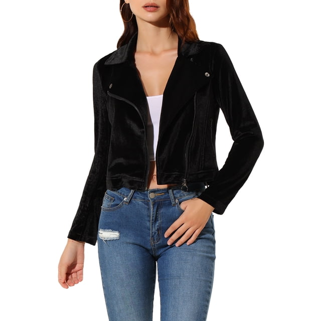INSPIRE CHIC Women's Velvet Notched Lapel Zipper Cropped Motorcycle Jacket XS Black