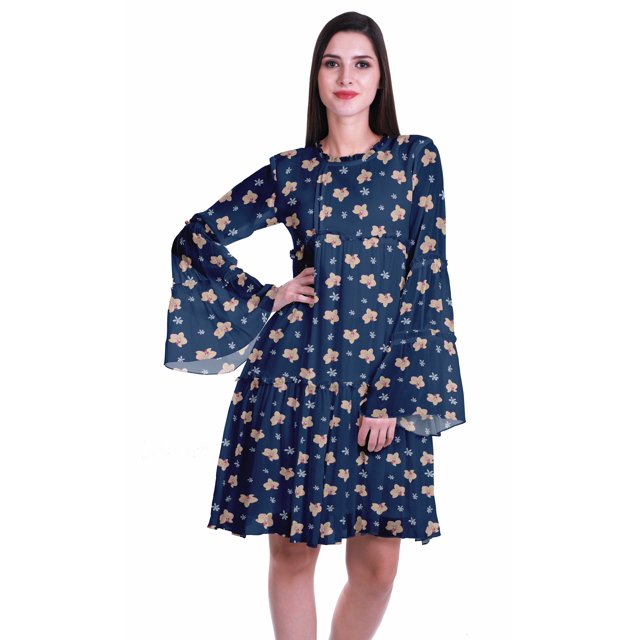 Moomaya Robe d'Été Fluide à Manches Longues Imprimée pour Femmes, Longueur Genou, Évasée
