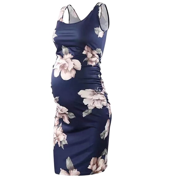 Penkiiy Women's Maternity Sleeveless Tank Dresses Floral Print Side Ruching Bodycon Dress for Daily Wearing or Baby Shower Free Size Navy