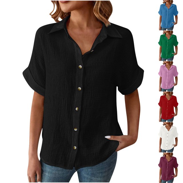 QIPOPIQ Button Down Shirt Women Cotton Short Sleeve Blouses V Neck Collared Button Up Summer Beach Tops Clearance