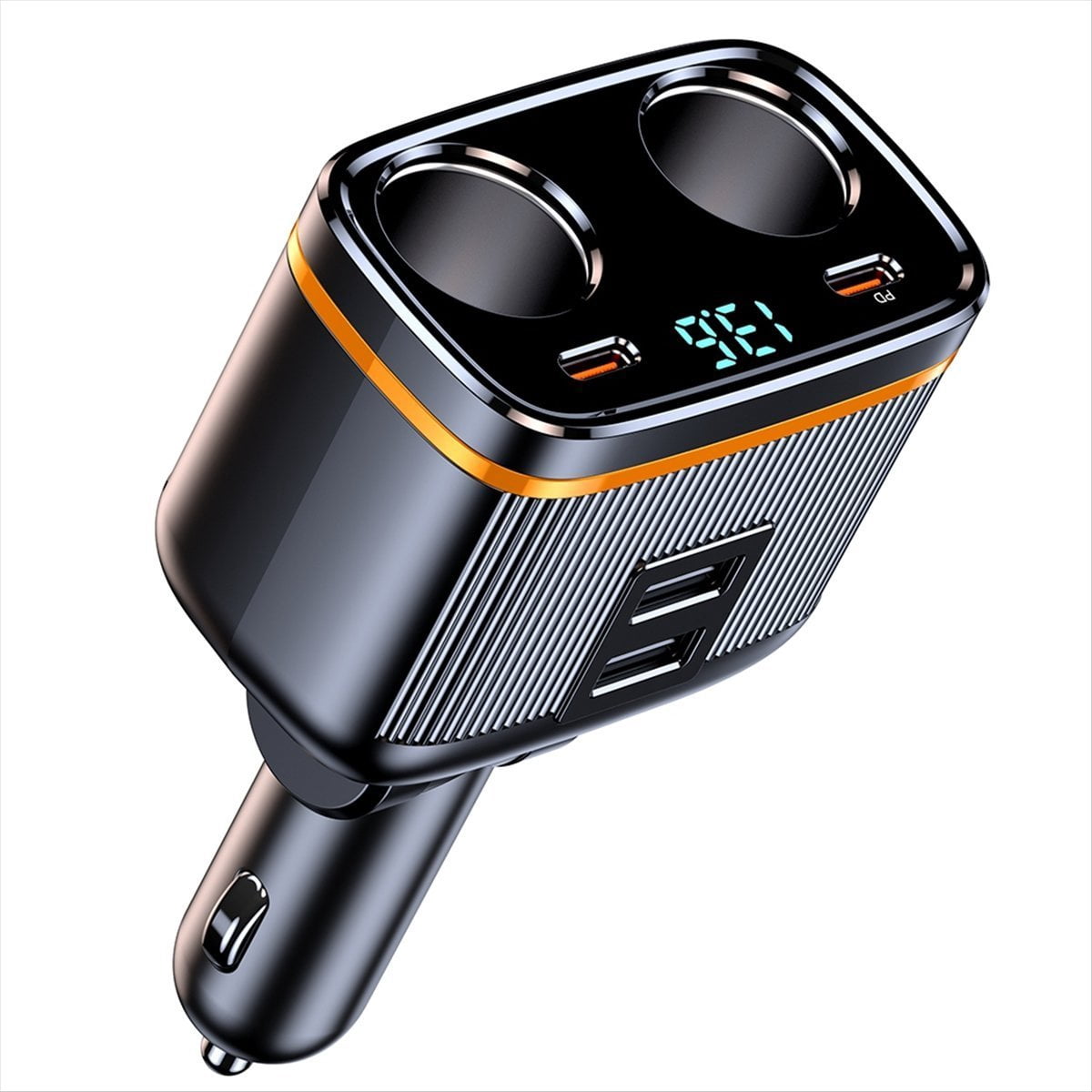 Car Splitter 145W USB C Car Charger 4 Ports Car Charger Adapter Voltage Display for All Car Devices,1*Car cigarette lighter,Black