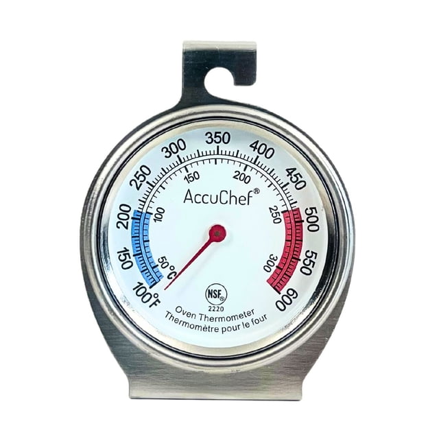 AccuChef Oven Thermometer Model 2220 with stainless steel body and heat-resistant glass, displaying temperatures from 100°F to 600°F (40°C to 320°C) in Fahrenheit and Celsius, featuring a red needle, blue and red temperature zones, designed to hang or stand in ovens, toaster ovens, or BBQ grills for precise temperature monitoring.