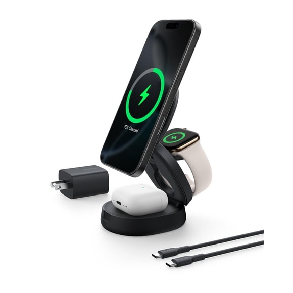 Belkin MagSafe Charger Compatible, 3-in-1 Qi2 15W Wireless Charging Station, Convertible Wireless Charger for iPhone 17, Apple Watch, AirPods, Pixel