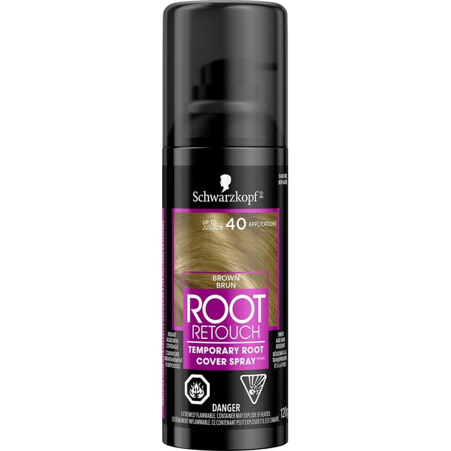 Schwarzkopf Root Retouch Temporary Root Cover Spray in Brown, black cylindrical spray bottle with cap, offers up to 40 applications for instant hair root coverage, sweat and rain resistant, suitable for quick root touch-up and hair care between colorings, 120g container with flammable warning.