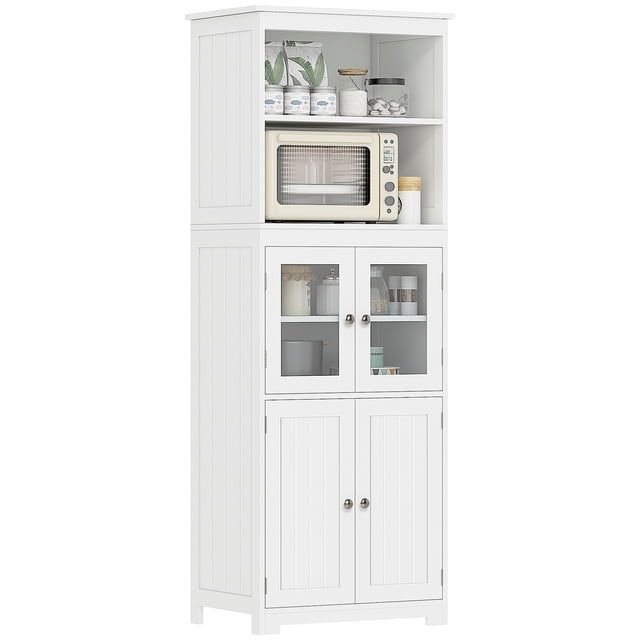 HOMCOM Armoire de Garde-Manger Autoportante de 63 Pouces en Blanc, Conçue pour le Rangement et l'Organisation des Aliments. Comprend des Étagères à Deux Niveaux, des Armoires à Deux Portes avec Panneaux en Verre et des Tablettes Ajustables pour un Rangement Polyvalent. Fabriquée en MDF et Verre Trempé avec Poignées en Métal Argenté et une Sangle Anti-Basculement pour la Stabilité. Convient aux Petites Cuisines, Salles à Manger Ou Buanderies.