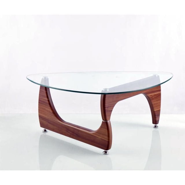 Heavenly Collection Wood Appearance Coffee Table with a clear tempered glass top and curved wood appearance base on silver feet, designed as a living room accent table with easy assembly and maintenance.