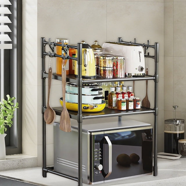 Iumwxz Microwave Oven Shelf Multi Layer Countertop Kitchen Organizer No Drill Easy Install Durable Space Saving Storage Rack Spice Towel Appliance Holder with Hooks 1 Piece black D