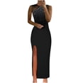 thumbnail image 1 of Robes Noires pour Femmes Couleur Unie Sans Manches Robe Douce Grande Taille Col Rond Coupe Ajustée Tendance Cocktail Formelle Robe de Bal Maxi Mode Élégante Portefeuille Fendue Blouse Froncée Ourlet Droit Robe,S, 1 of 7