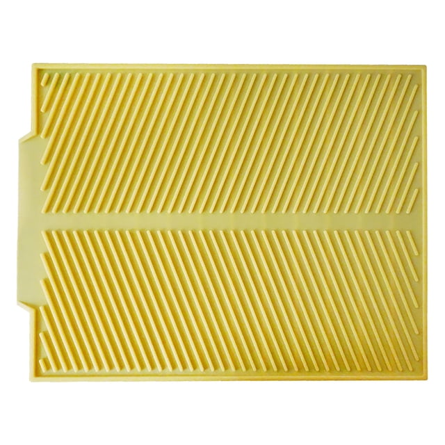 Dish Mat Drying Kitchen Mat Large Dish Drying Mat Silicone Large 16 X 13 Inch for Kitchen Heat Resistant Counter. The mat features a raised ridges design for optimal drainage and air circulation, ensuring faster drying of dishes. Made of BPA-free food-grade silicone, it is heat resistant up to 480°F and measures 16.9 x 13.15 inches, accommodating large items like frying pans and plates. The mat is shown in a yellow color with a textured surface and a drainage mouth for easy water removal.