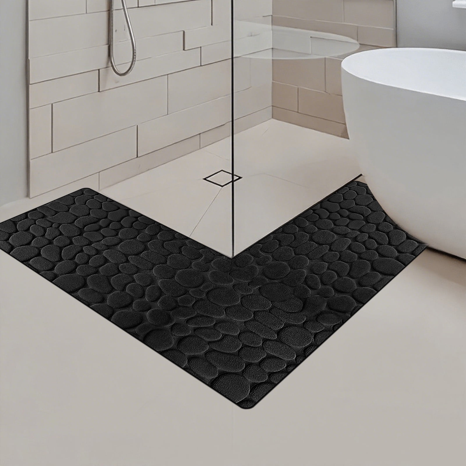 Czzoypi L Corner Bathroom Rug, Non-Slip Machine Washable Absorbent Floor Mat, Corner Shower Tub Carpet for Wet Areas, Kitchen Laundry Room Living Room Anti-Skid Water Absorbing Bath Mat, Black
