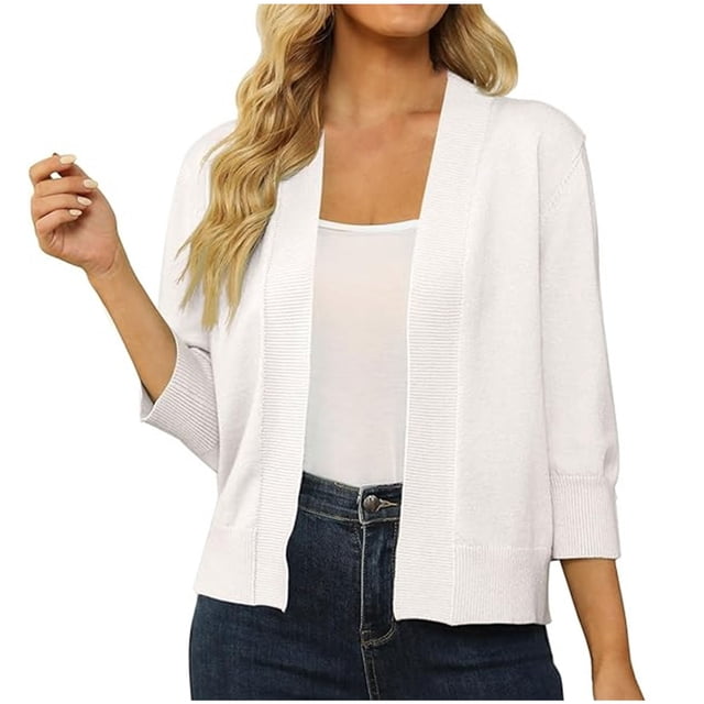 Penkiiy Cardigan Court à Manches 3/4 pour Femme, Ouvert à l'Avant, Boléros Courts, Cardigans, Chandails Légers, m Blanc