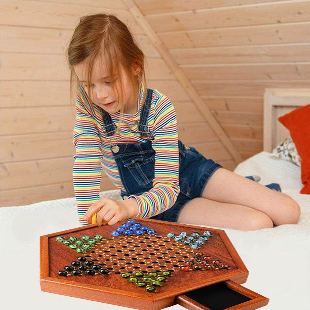 Portable Chinese Checkers Board Game with Marbles Chinese Checkers Board Game Wooden Board Game Hexagon Chinese Checkers Family Game Set Drawer Storage