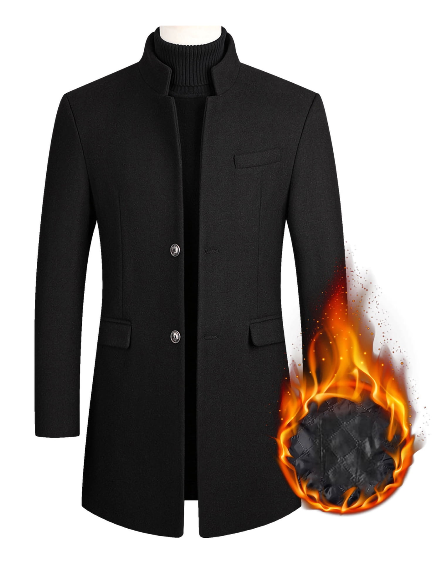 Innerwin Trench Coats Lapel Mens Jacket Work Long Sleeve Business Pea Coat Black (thickened) XL