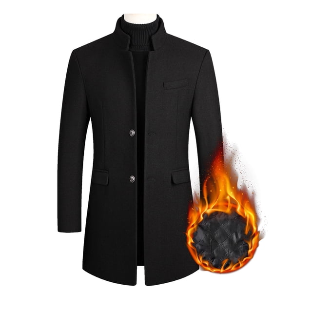Innerwin Trench Coats Lapel Mens Jacket Work Long Sleeve Business Pea Coat Black (thickened) XL