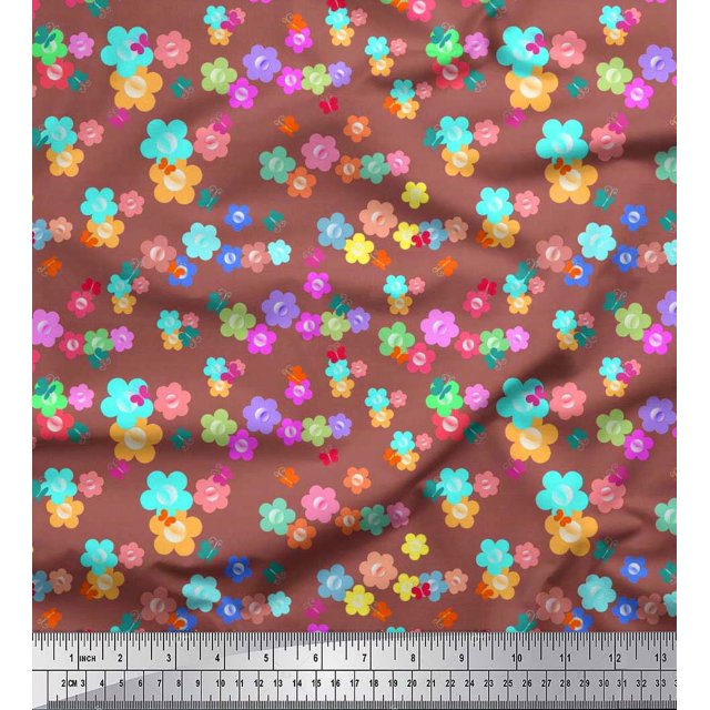Soimoi Brown polyester Crepe Fabric Insect & Floral Clip Art Fabric Prints by Yard 52 Inch Wide