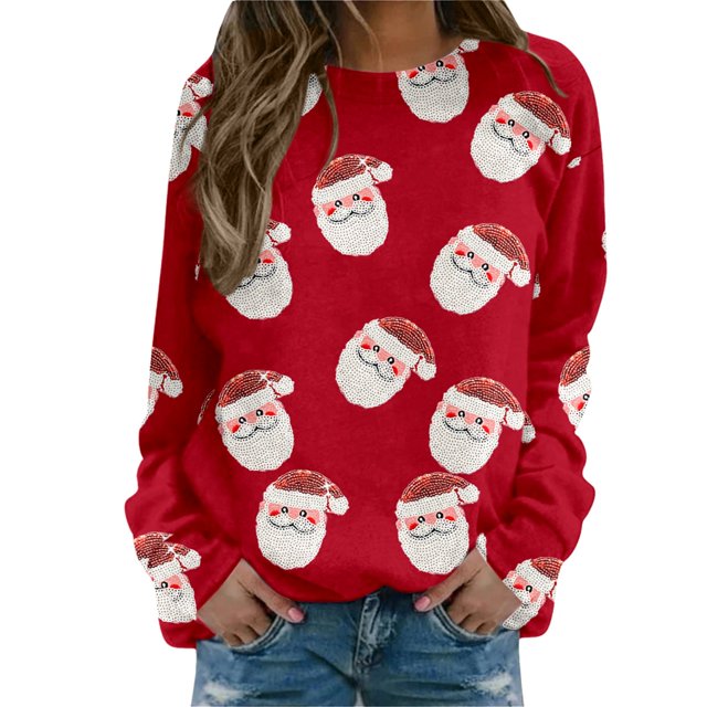 Bmisegm Women T-Shirt à Manches Longues Col Rond pour Femmes, Usage Quotidien à la Maison Ou en Extérieur, Haut Imprimé, Chandail en Molleton Décontracté pour Rouge TG