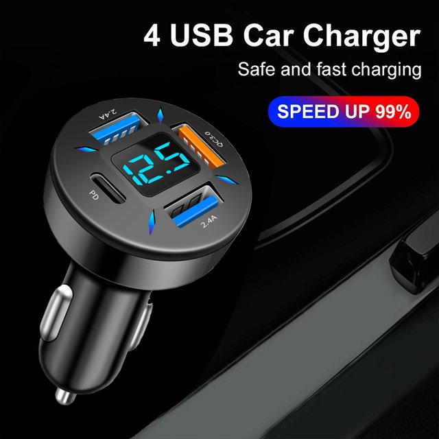 MYG 4 USB QC3.0+PD USB Car Cigar Charger Lighter Digital LED Voltmeter 12V/24V