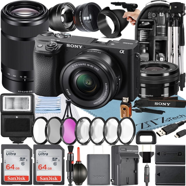 Sony Alpha a6400 Mirrorless Digital Camera bundle with APS-C sensor, UHD 4K video recording, E PZ 16-50mm f/3.5-5.6 OSS lens, E 55-210mm f/4.5-6.3 OSS lens, two SanDisk 64GB memory cards, a backpack, and ZeeTech accessories including tripods, filters, cleaning tools, and extra batteries.