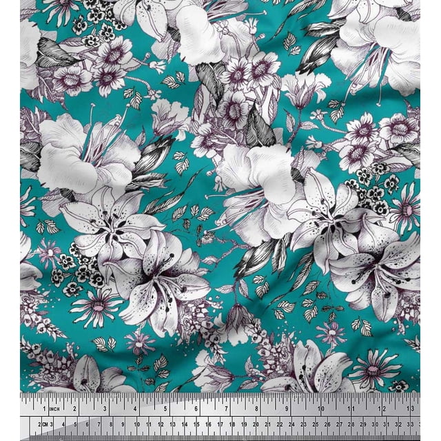 Soimoi Poly Georgette Fabric Leaves & Flower Floral Print Sewing Fabric Yard 42 Inch Wide