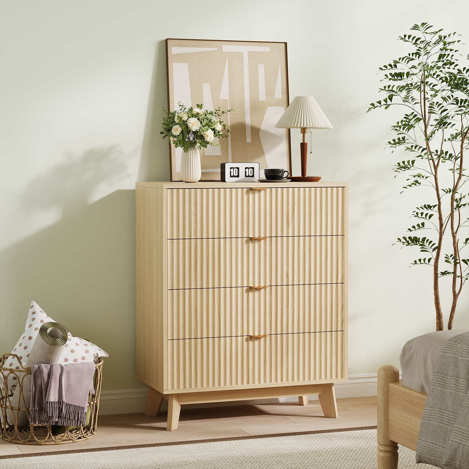 Ourlova Mid-Century Fluted 4-Drawer Dresser Natural Wood Chest of Drawers