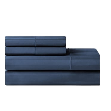 Hotel Style 4-Piece 600 Thread Count Navy Stripe Egyptian Cotton Adult Bed Sheet Set, Queen-Deep Pocket