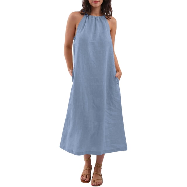 Kaemgyyd Robes à Col Licou pour Femmes Été Sans Manches Robe d'Été Décontractée Plage Vacances Fluide Bohème Mi-Longue avec Poches