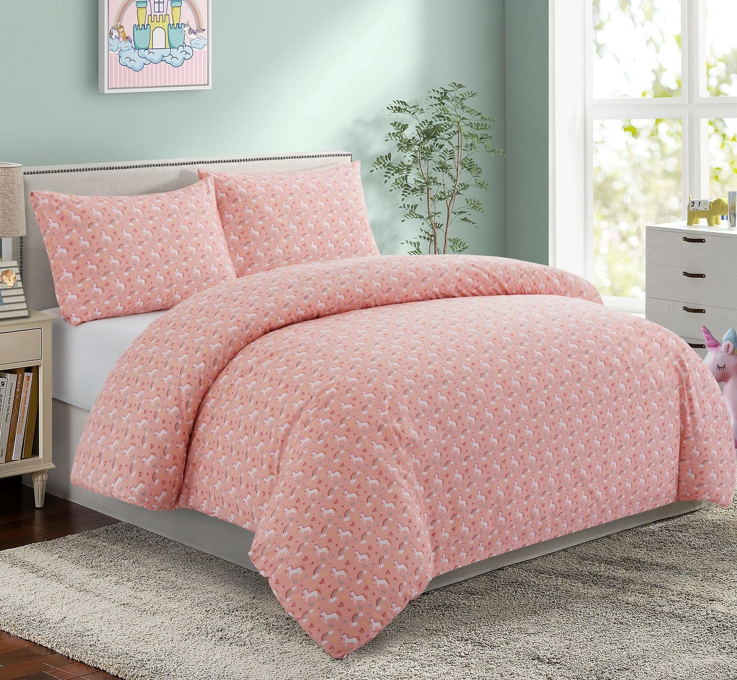 Ensemble de literie Marina Décoration pour enfants et filles, imprimé, en coton doux 600 fils, avec housse de couette et drap-housse, motif licorne rose et arc-en-ciel