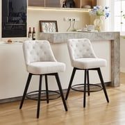 Set of 2 Swivel Bar Stools with Backrest - 26" Counter Height - Linen Upholstered Seat - Durable-colored Wood Legs - Button Tufted, Footrest, Modern Design  - Linen | Offwhite
