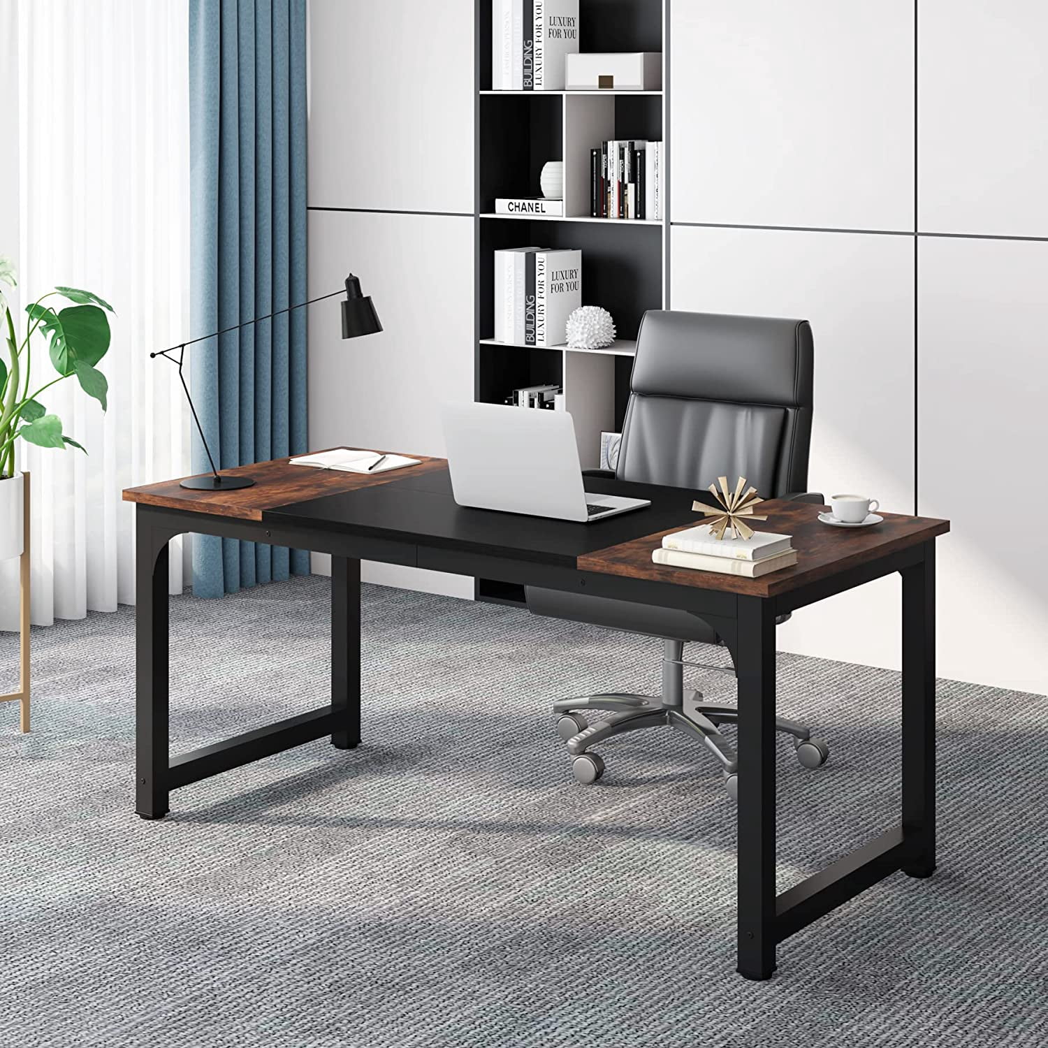 Tribesigns 63” Executive Desk, Large Office Computer Desk with Thicken, Frame Modern Simple Workstation Business Furniture for Home Office, Rustic Brown/Black