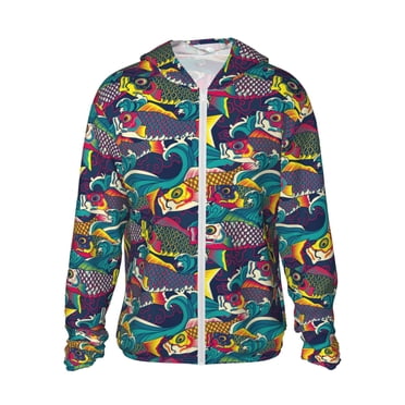 Vsdgher Colorful Carp Streamer Print Adult Hoodie Shirts Rash Guard for Men Women,Long Sleeve Sun Protection Fishing Shirts for Athletic Running Swim-Large