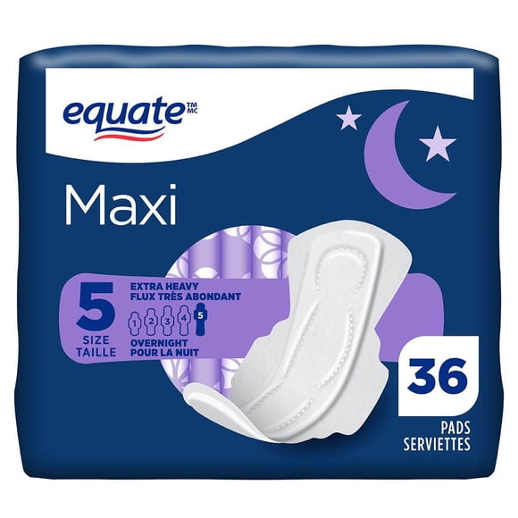 Equate Overnight Absorbency Maxi Pads with Flexi-Wings, Size 5, 36 Count