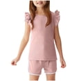 thumbnail image 1 of Mgmyaa Girls Summer Sets Crew Neck Solid Color Ribbed Flutter Sleeve Short Sleeve Blouses and Elastic Waist Shorts Two-Piece Set 1-6 Years, 1 of 8